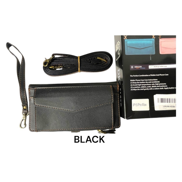 Leather Black iPhone 15 Pro Max Cell Phone Crossbody Wristlet Amazon - Picture 2 of 4